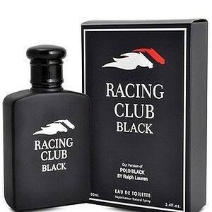 Black bottle and box of Racing Club Black perfume.