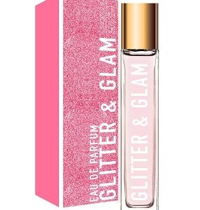 A pink lip gloss tube labeled 'Glitter & Glam'.