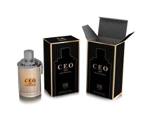 CEO perfume bottle and two black and gold boxes, one open.
