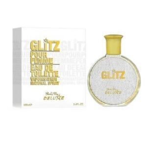Elegant GLITZ gold-themed perfume bottle and packaging.
