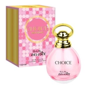 Pink perfume bottle with matching packaging labeled 'Choice Deluxe'.