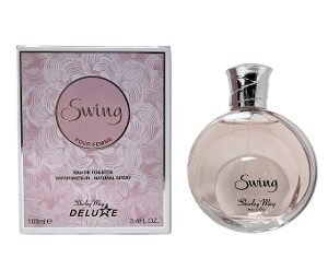 Elegant bottle of Swing perfume with matching box in soft pink tones.