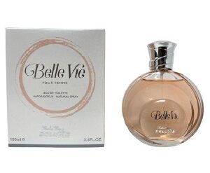 Belle Vie perfume bottle and packaging with a soft peach color.