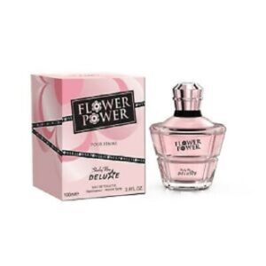 Pink floral perfume bottle and matching box labeled Flower Power.