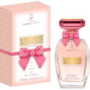 A perfume bottle with matching elegant packaging featuring a pink bow.