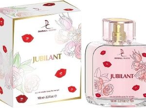 Elegant Jubilant perfume bottle and packaging with floral and lip print design.
