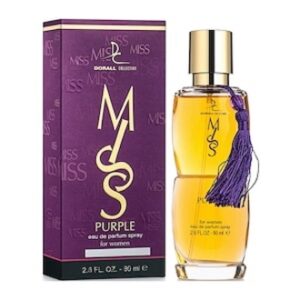 A bottle of Miss Purple perfume with matching box and tassel.