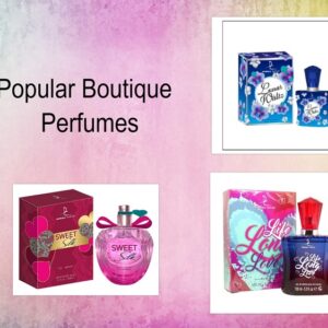 Popular boutique perfumes displayed with their packaging.